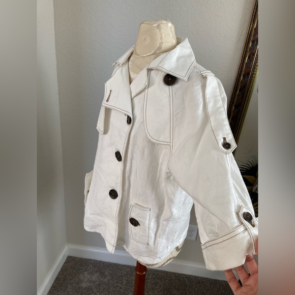 Chico’s 2 Cropped Linen Trench Jacket Ivory Tortoise Shell Button Women Sz 12-14 - Picture 5 of 13